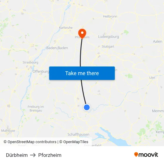 Dürbheim to Pforzheim map