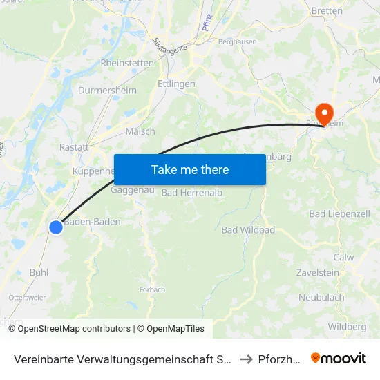 Vereinbarte Verwaltungsgemeinschaft Sinzheim to Pforzheim map