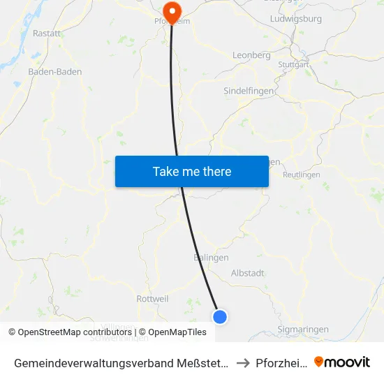 Gemeindeverwaltungsverband Meßstetten to Pforzheim map