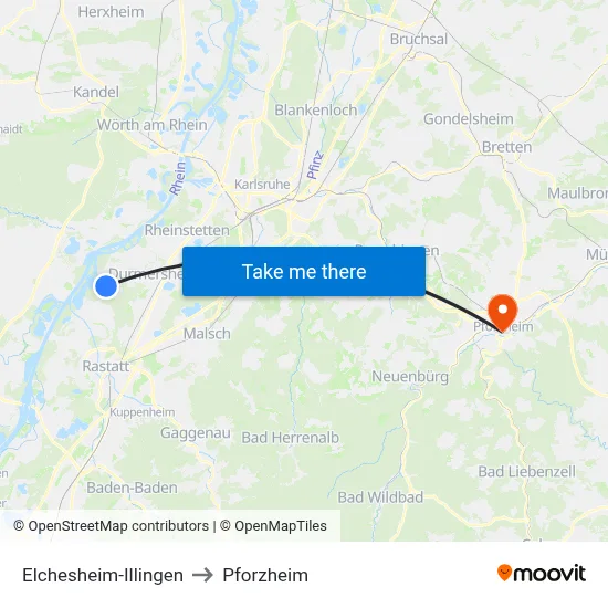 Elchesheim-Illingen to Pforzheim map