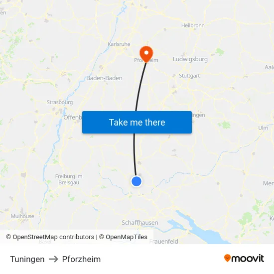 Tuningen to Pforzheim map