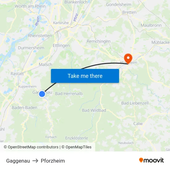 Gaggenau to Pforzheim map
