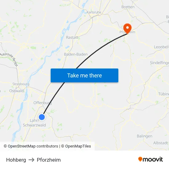 Hohberg to Pforzheim map