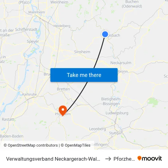 Verwaltungsverband Neckargerach-Waldbrunn to Pforzheim map