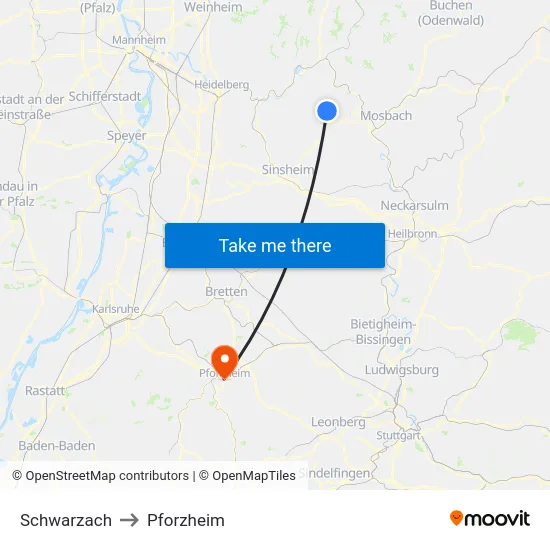 Schwarzach to Pforzheim map