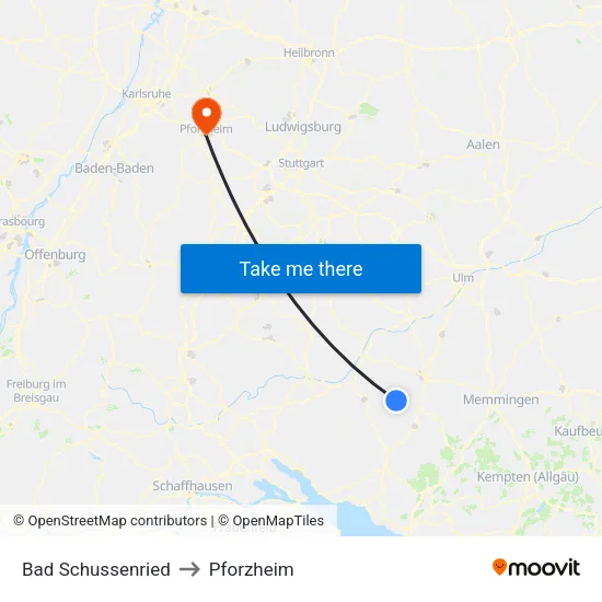 Bad Schussenried to Pforzheim map