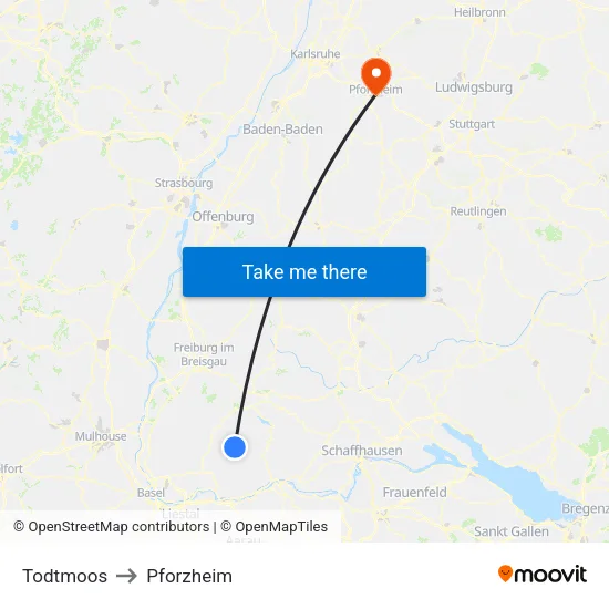 Todtmoos to Pforzheim map