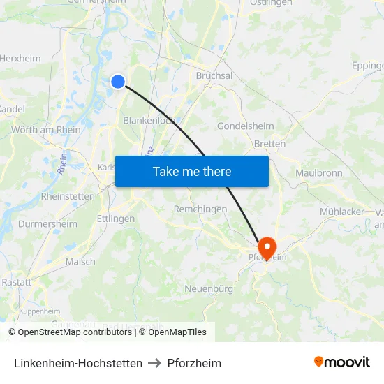 Linkenheim-Hochstetten to Pforzheim map