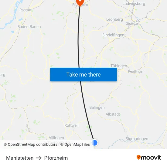 Mahlstetten to Pforzheim map
