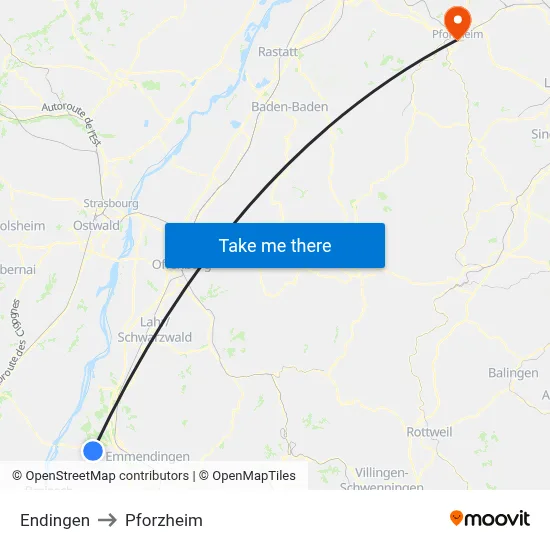 Endingen to Pforzheim map