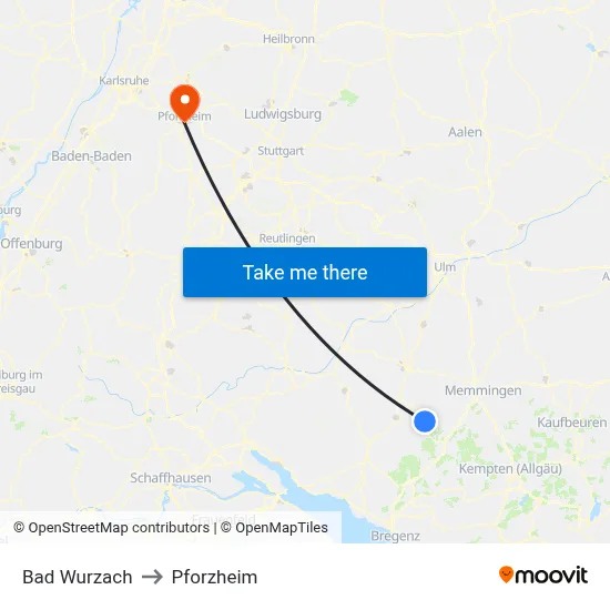 Bad Wurzach to Pforzheim map