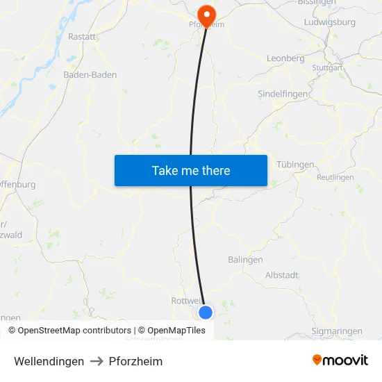 Wellendingen to Pforzheim map