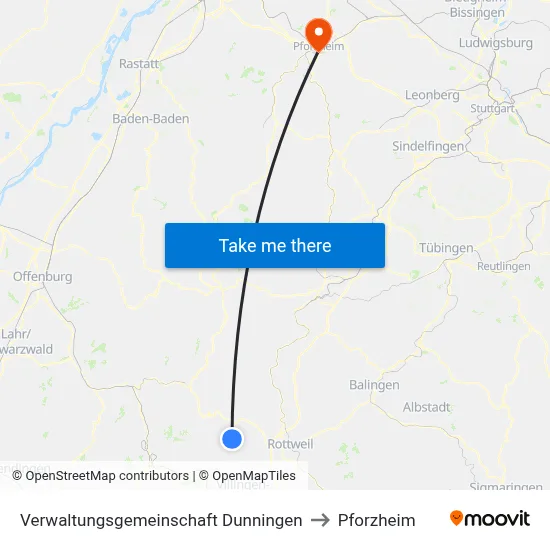 Verwaltungsgemeinschaft Dunningen to Pforzheim map