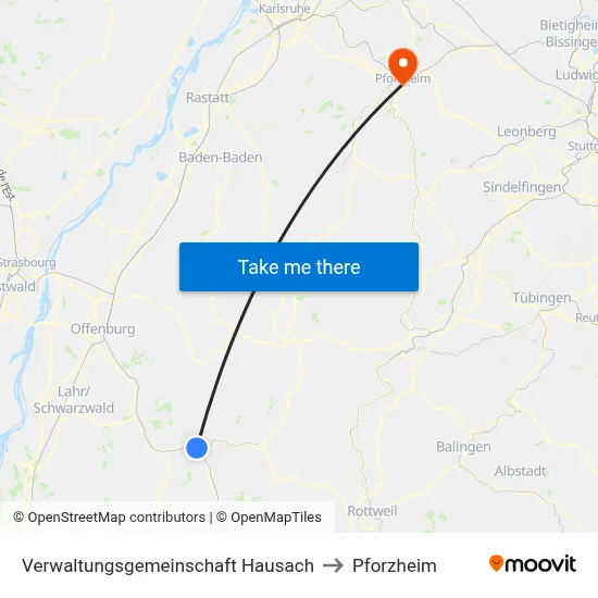 Verwaltungsgemeinschaft Hausach to Pforzheim map
