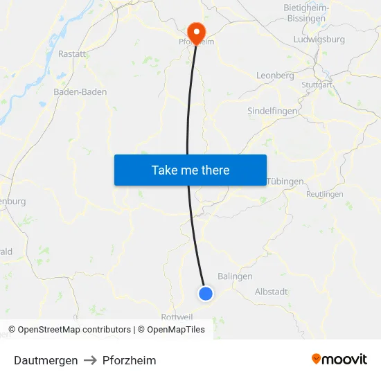 Dautmergen to Pforzheim map