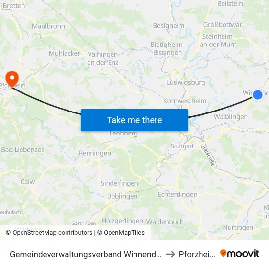Gemeindeverwaltungsverband Winnenden to Pforzheim map