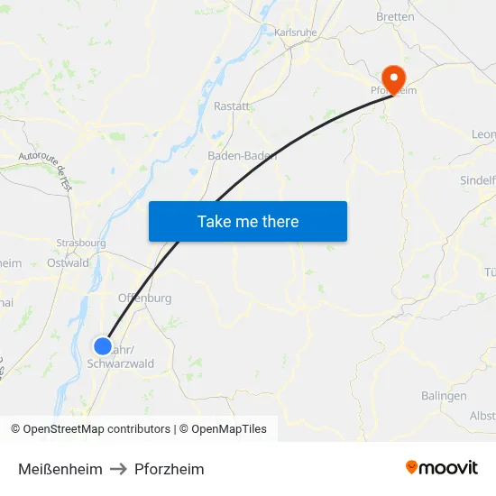 Meißenheim to Pforzheim map