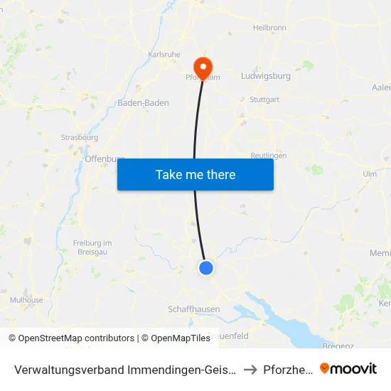 Verwaltungsverband Immendingen-Geisingen to Pforzheim map