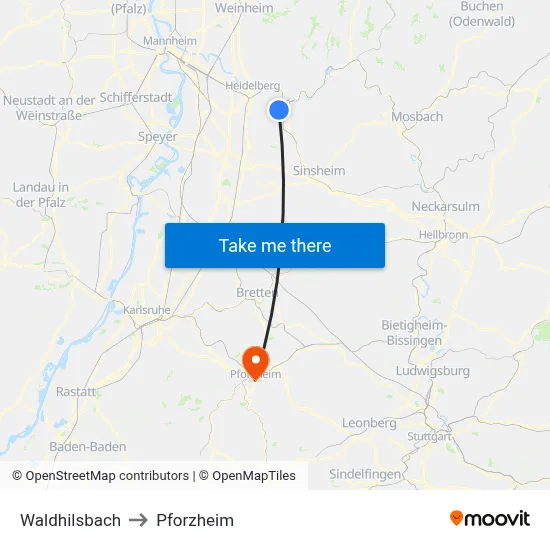 Waldhilsbach to Pforzheim map