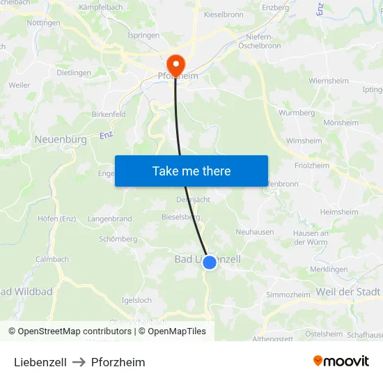 Liebenzell to Pforzheim map