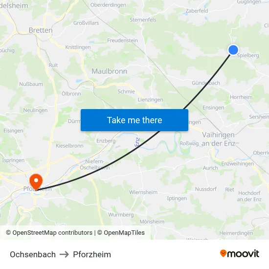 Ochsenbach to Pforzheim map