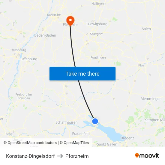 Konstanz-Dingelsdorf to Pforzheim map