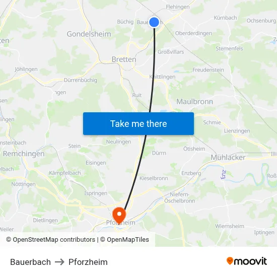 Bauerbach to Pforzheim map