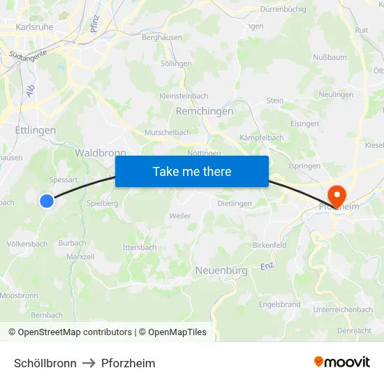 Schöllbronn to Pforzheim map