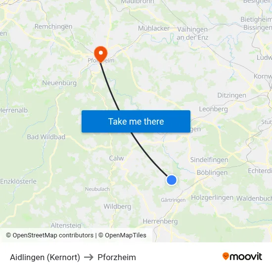 Aidlingen (Kernort) to Pforzheim map