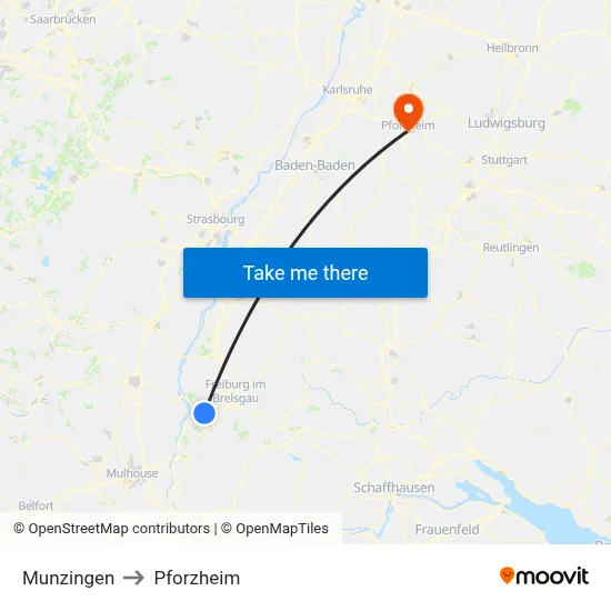 Munzingen to Pforzheim map