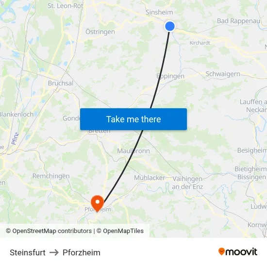 Steinsfurt to Pforzheim map