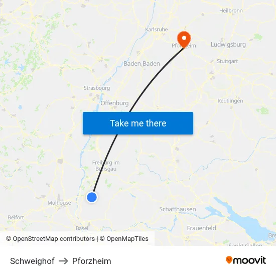 Schweighof to Pforzheim map