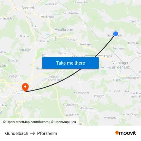 Gündelbach to Pforzheim map