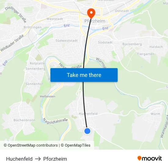 Huchenfeld to Pforzheim map