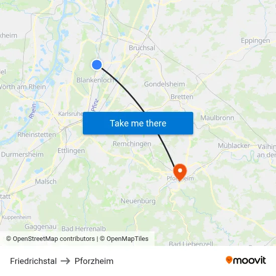 Friedrichstal to Pforzheim map