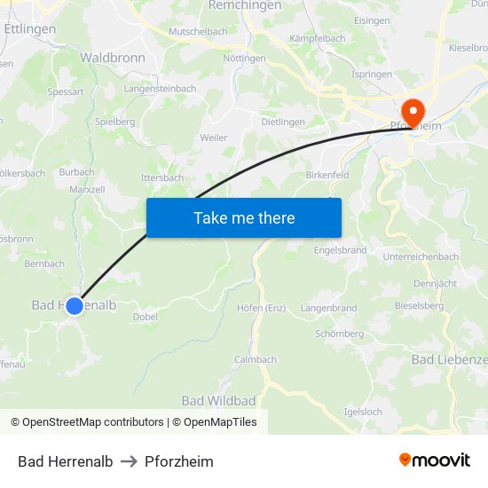 Bad Herrenalb to Pforzheim map