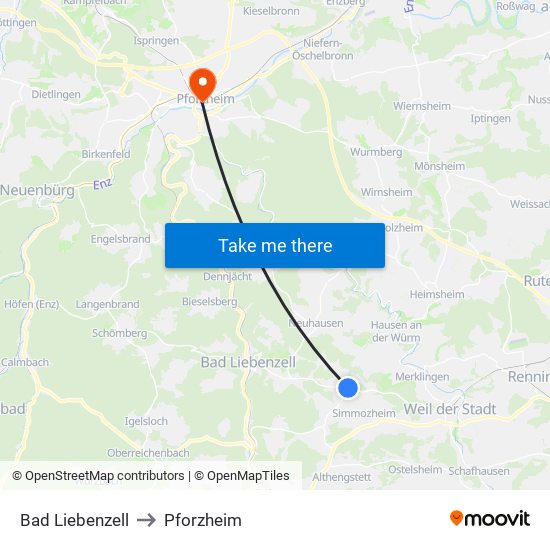 Bad Liebenzell to Pforzheim map