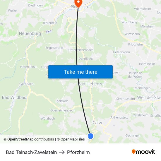 Bad Teinach-Zavelstein to Pforzheim map