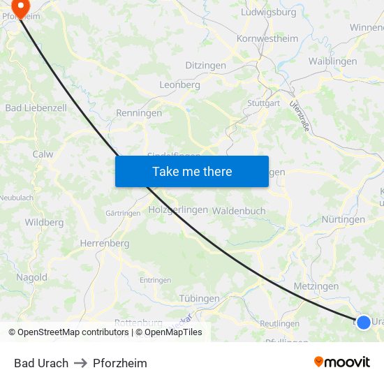 Bad Urach to Pforzheim map