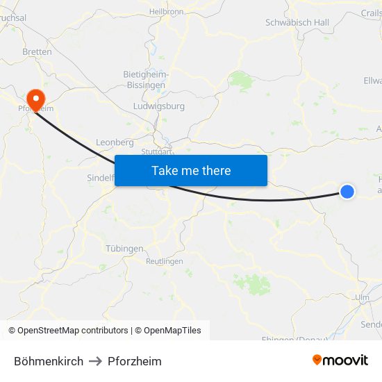 Böhmenkirch to Pforzheim map