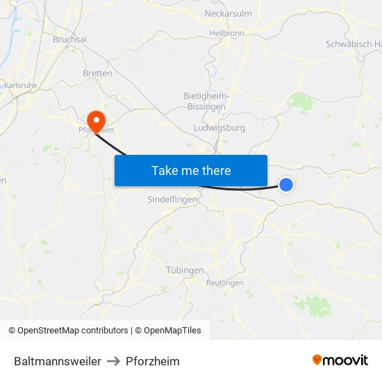 Baltmannsweiler to Pforzheim map