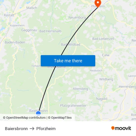 Baiersbronn to Pforzheim map