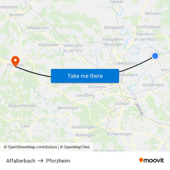 Affalterbach to Pforzheim map