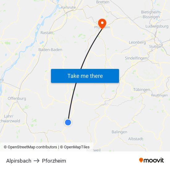 Alpirsbach to Pforzheim map