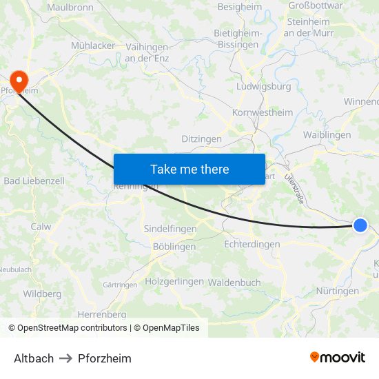 Altbach to Pforzheim map