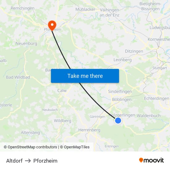 Altdorf to Pforzheim map