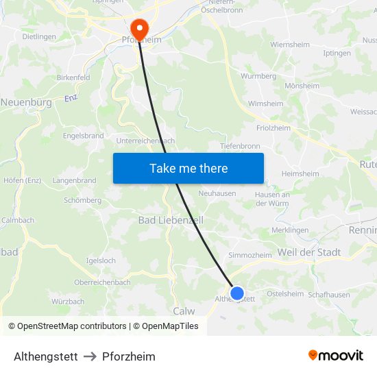 Althengstett to Pforzheim map