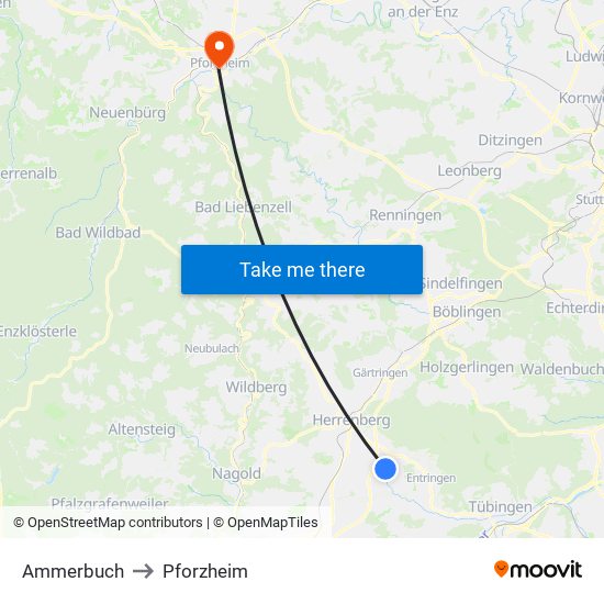 Ammerbuch to Pforzheim map