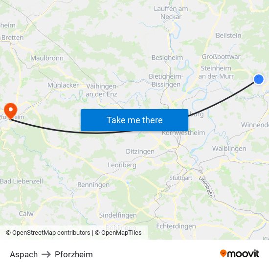 Aspach to Pforzheim map