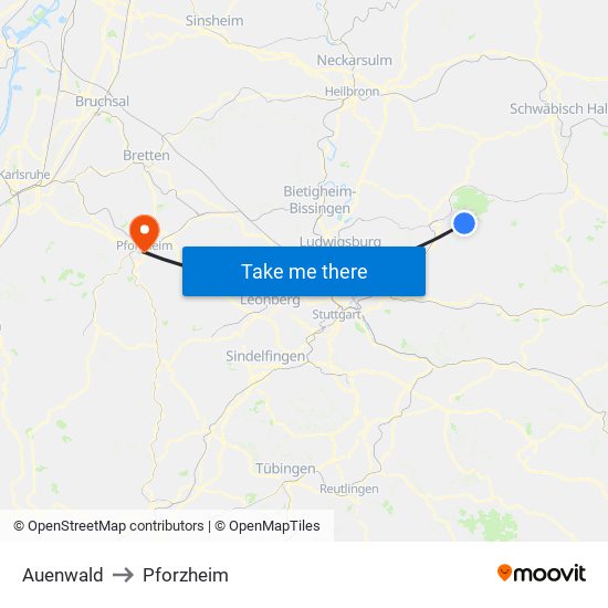 Auenwald to Pforzheim map